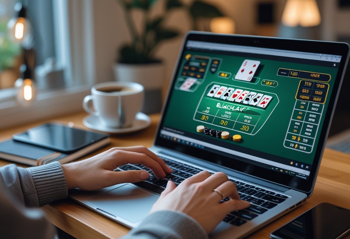 Person playing online blackjack on a laptop at a desk with coffee and a smartphone nearby.