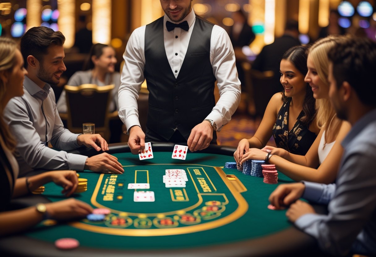 A dealer and players engaged in a live blackjack game around a green felt table with cards and chips.