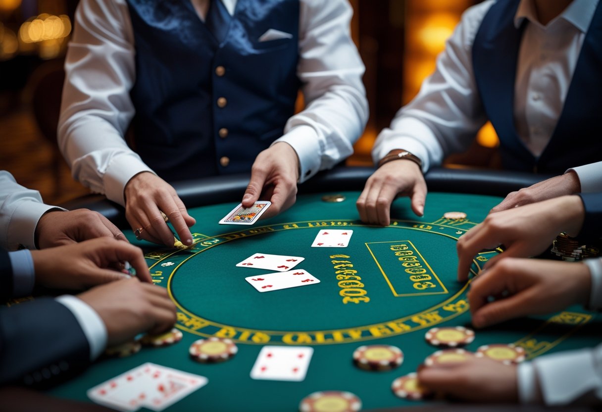 A dealer deals cards to players around a blackjack table in a casino setting.