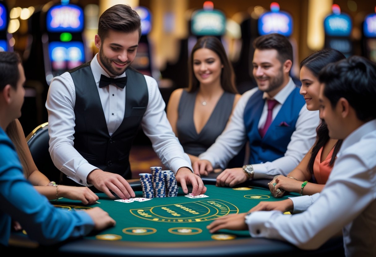 A dealer deals cards to players around a green blackjack table in a casino setting.
