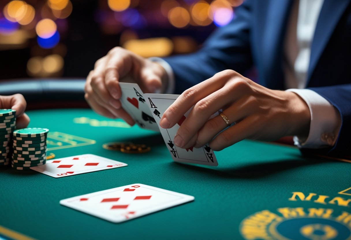 Close-up of hands holding playing cards and stacked chips on a casino table.