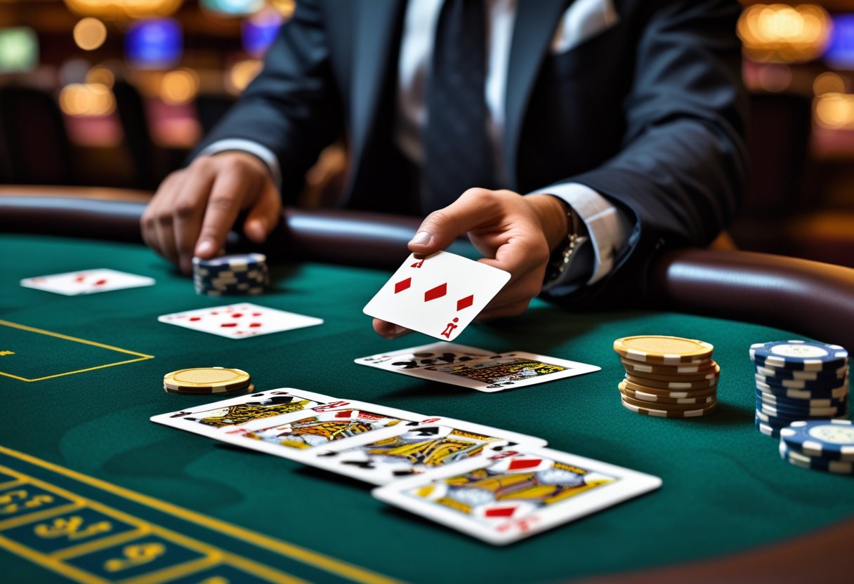 A person at a blackjack table in a casino, holding playing cards and observing the game thoughtfully.