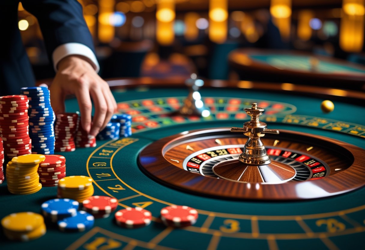 A close-up of a spinning roulette wheel with casino chips and a dealer's hand in a casino setting.
