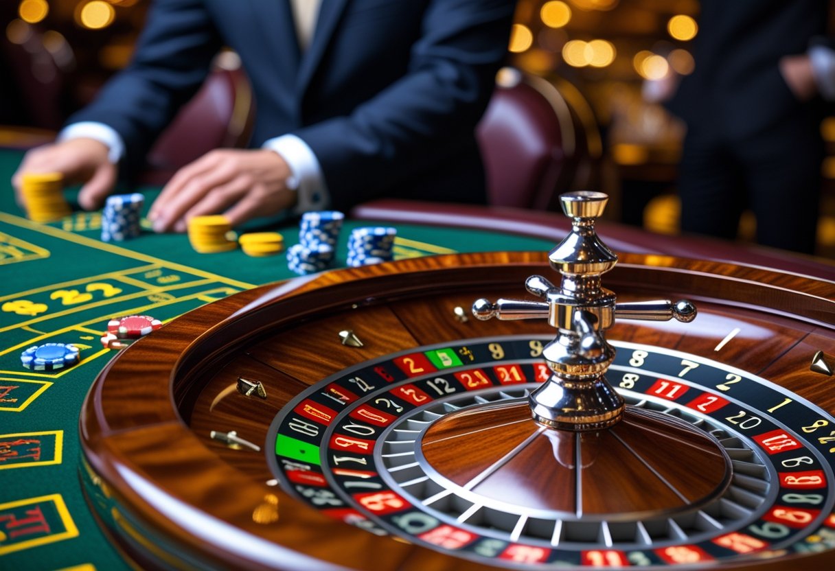A close-up of a roulette wheel with chips on a betting table and a dealer in the background.