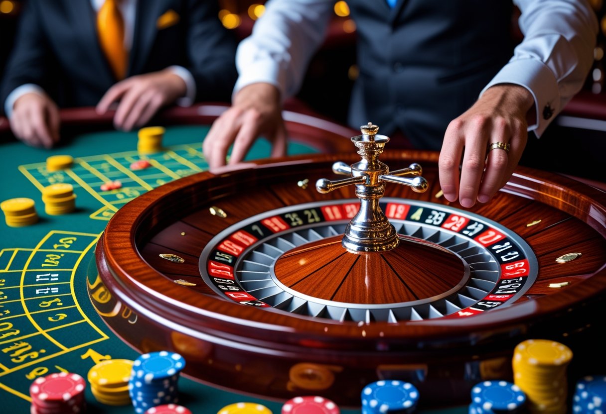 A close-up of a roulette wheel with players placing chips on the betting table and a croupier managing the game.