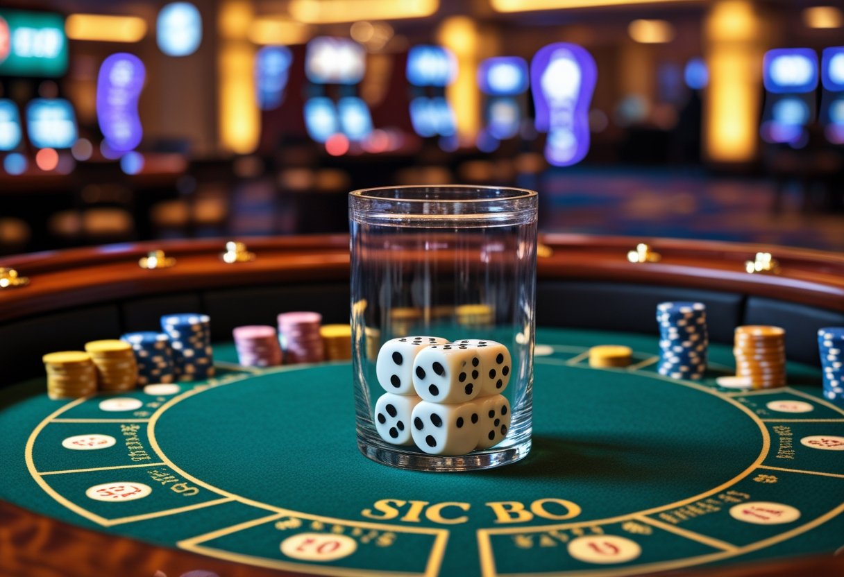 Close-up of a Sic Bo table with three dice inside a glass shaker and colorful betting chips on a green felt surface in a casino setting.