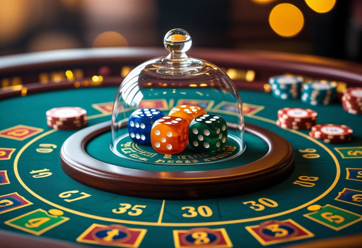 A Sic Bo game setup with three dice under a glass dome, betting chips, and a betting layout on a casino table.