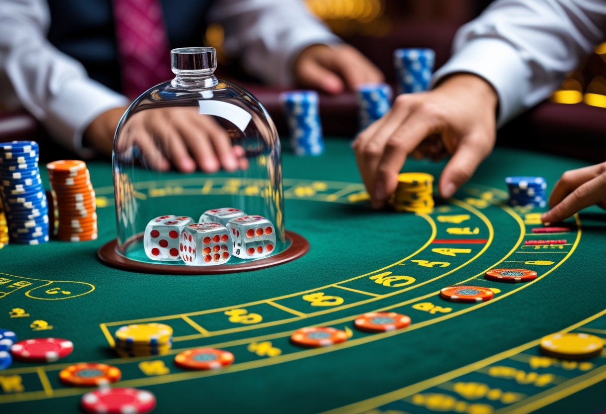 A casino table with three dice rolling inside a clear dome and players placing chips on the betting areas.