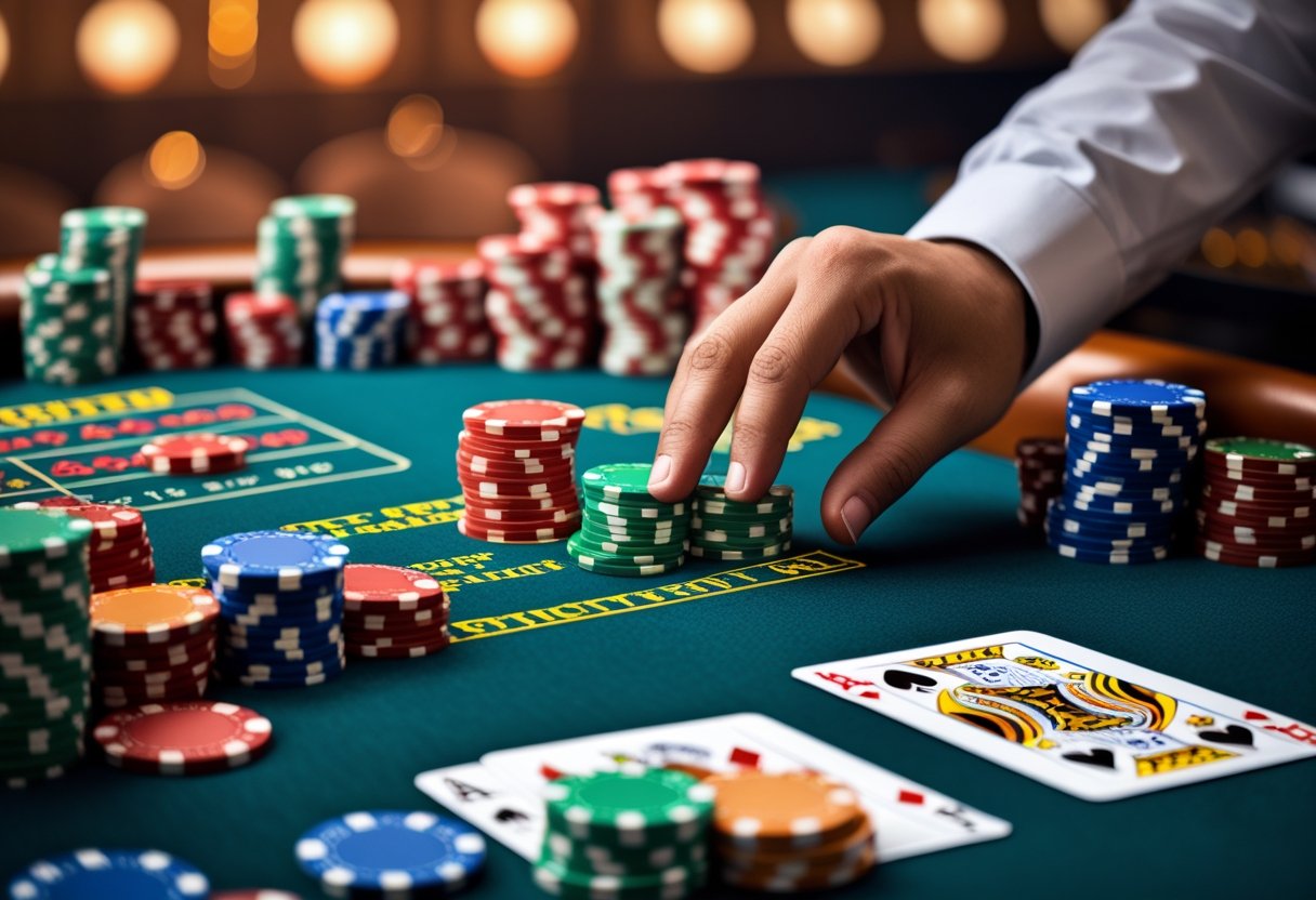 Close-up of a casino table with poker chips, dice, playing cards, and a hand placing a bet.