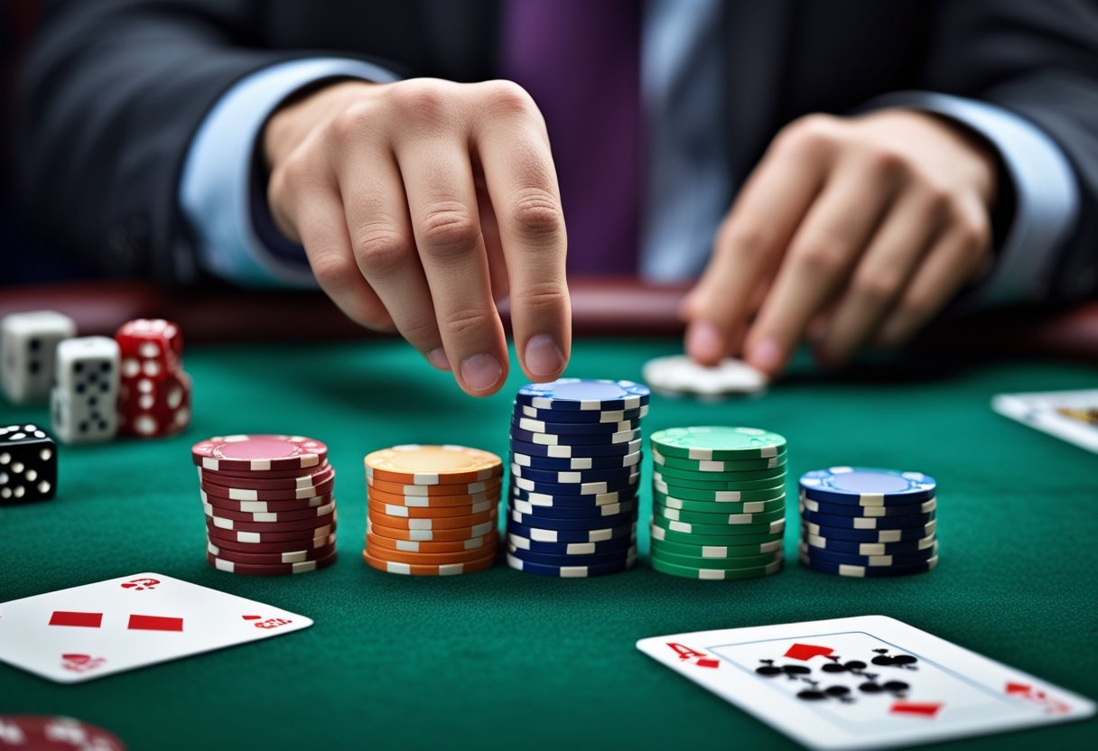 A casino table with stacked poker chips, dice, playing cards, and a person's hands pushing chips forward.