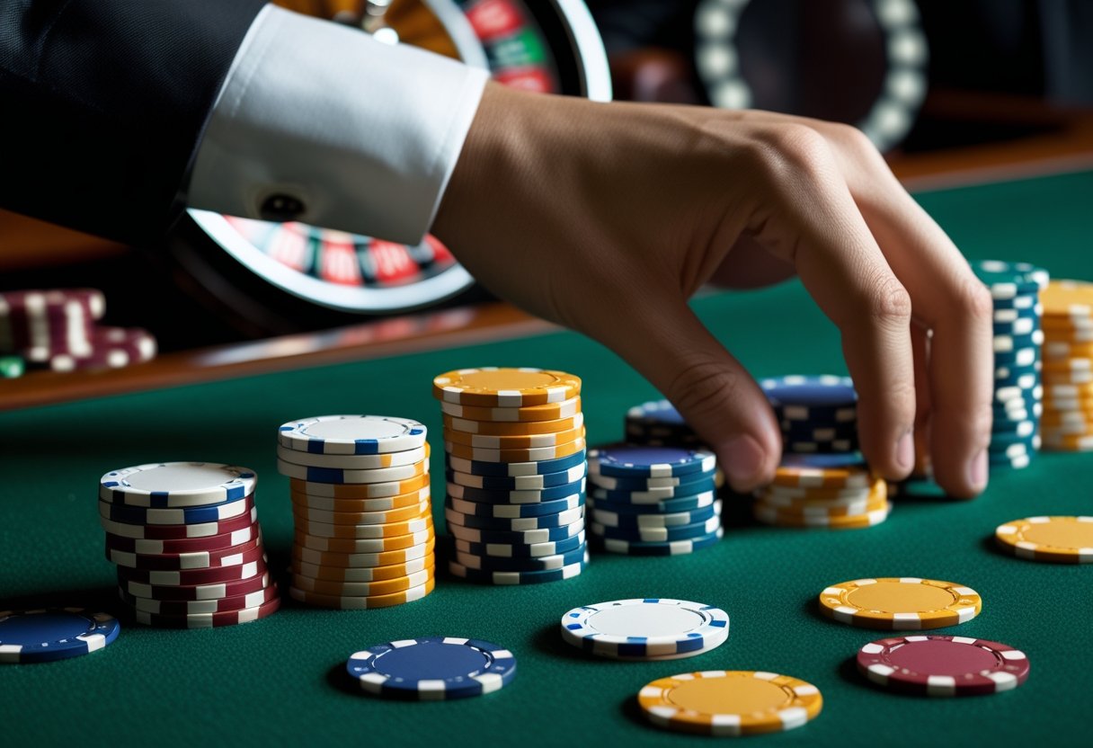 A hand placing poker chips on a casino table with a roulette wheel in the background.