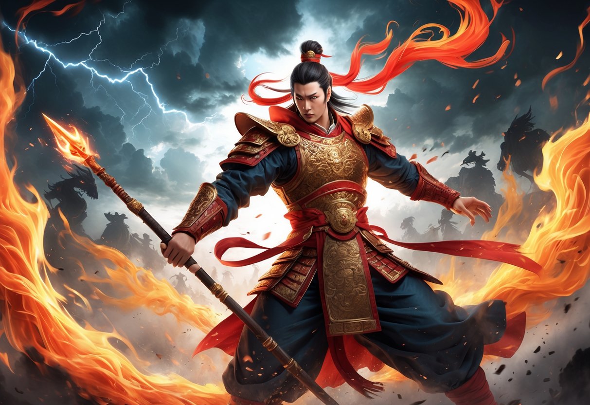Seorang pejuang kuat mengenakan baju zirah tradisional dengan tombak berapi, berdiri di depan langit badai dengan petir, dikelilingi oleh simbol dan pola pertempuran yang samar.