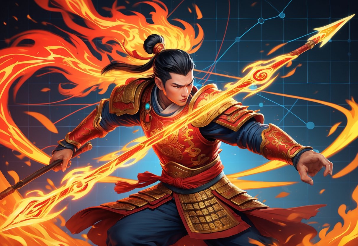 Seorang pejuang mitos mengenakan baju zirah tradisional dengan tombak berapi, dikelilingi oleh pola energi dan latar belakang peta strategi yang samar.