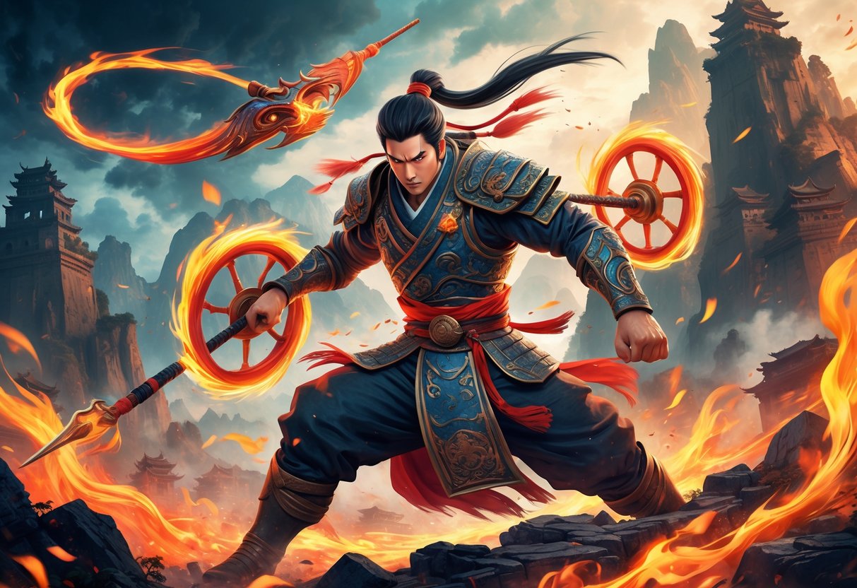 Seorang pejuang kuat dengan senjata khas berdiri di tengah latar belakang pegunungan dan reruntuhan kuil kuno, dikelilingi oleh energi mistis dan api.