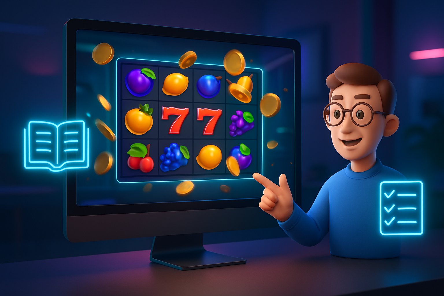 Tampilan komputer dengan permainan slot online yang berwarna-warni dan karakter animasi yang sedang menunjukkan cara bermain.