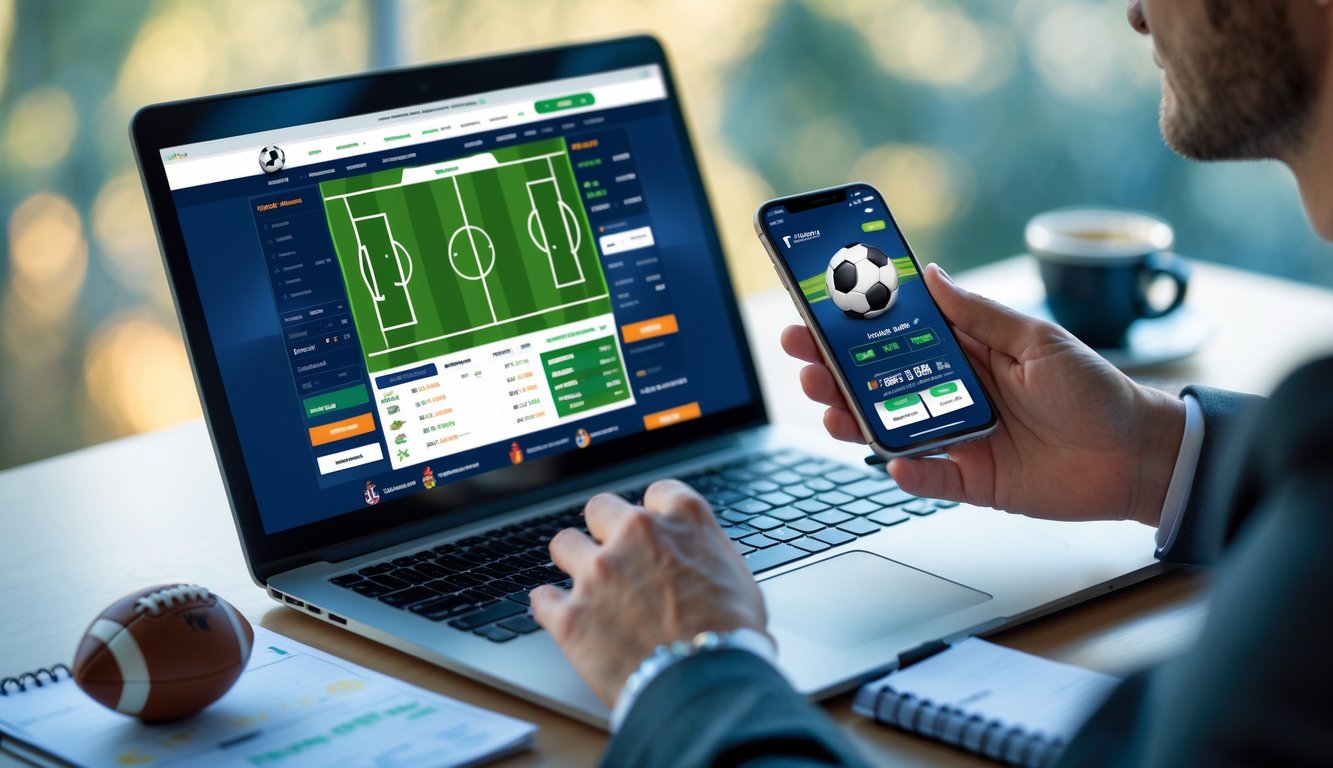 Seseorang menggunakan laptop dan ponsel untuk bertaruh sepak bola online di meja kerja dengan bola kecil dan catatan taruhan.