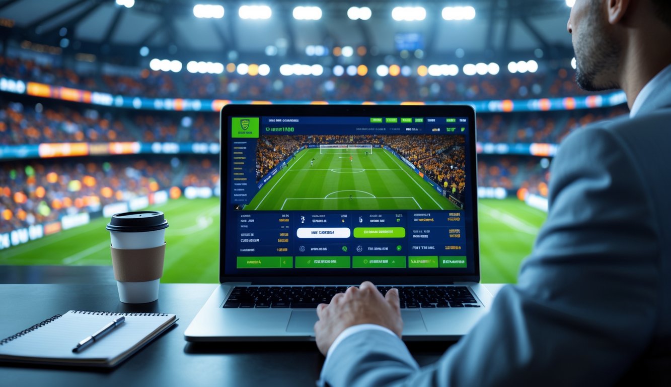 Seseorang menggunakan laptop dengan tampilan taruhan sepak bola, latar belakang stadion sepak bola penuh penonton yang bersorak.