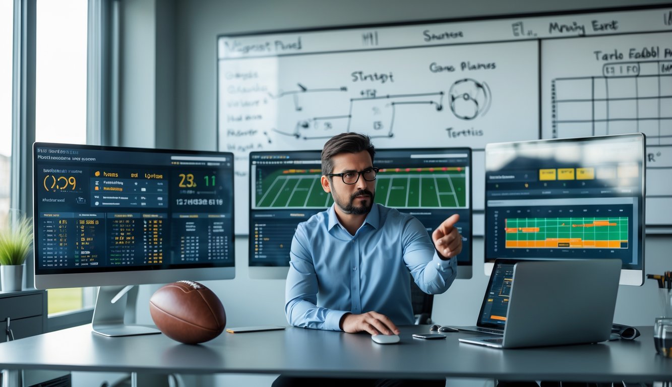 Seorang analis sepak bola sedang bekerja di kantor dengan beberapa layar komputer yang menampilkan statistik dan prediksi skor pertandingan.