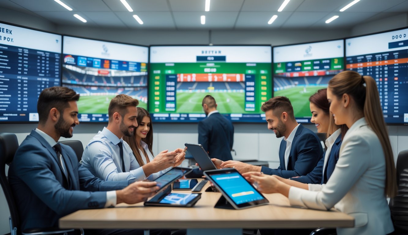 Suasana kantor agen taruhan bola dengan beberapa orang yang sedang memasang taruhan dan layar besar menampilkan pertandingan sepak bola.