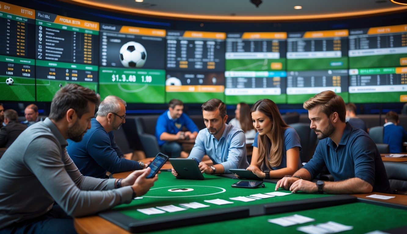 Orang-orang sedang melihat layar besar dengan informasi taruhan sepak bola di sebuah ruang taruhan olahraga.