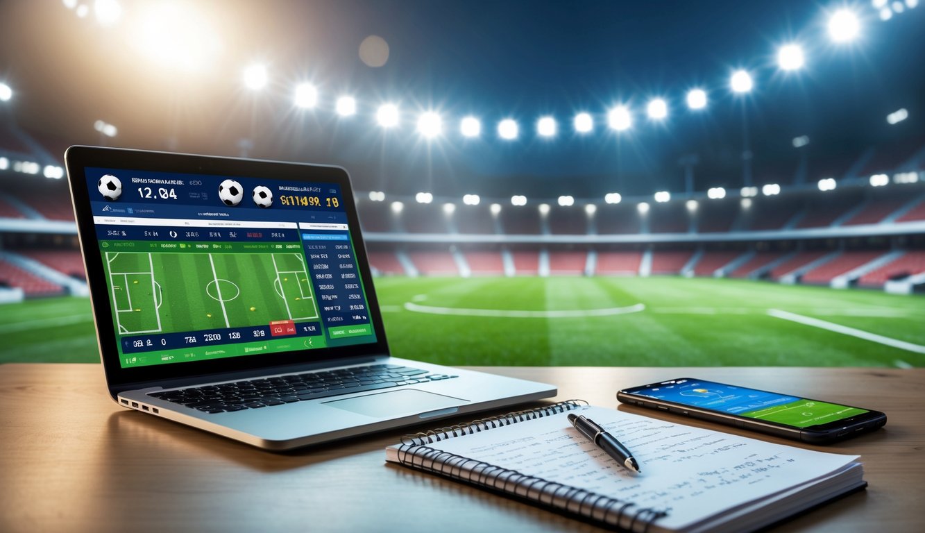 Meja kerja dengan laptop menampilkan statistik pertandingan sepak bola, catatan tangan, dan ponsel yang menayangkan pertandingan sepak bola langsung.