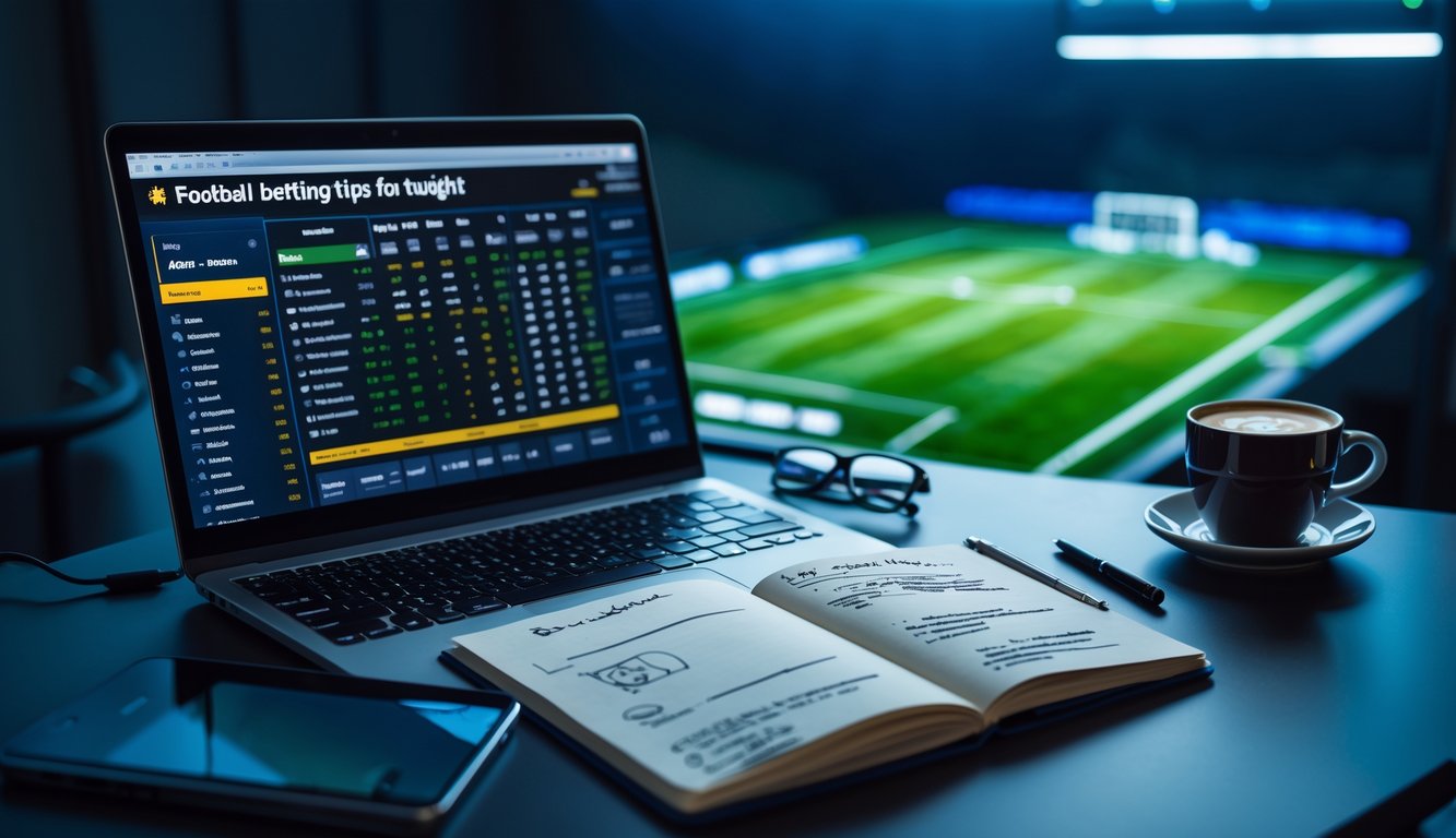Meja kerja dengan laptop, ponsel menampilkan pertandingan sepak bola, dan buku catatan dengan catatan strategi, di ruangan dengan pencahayaan lembut.