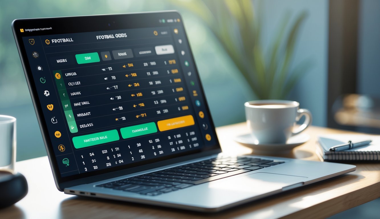 Layar perangkat digital yang menampilkan peluang taruhan sepak bola dengan latar meja kerja yang rapi.