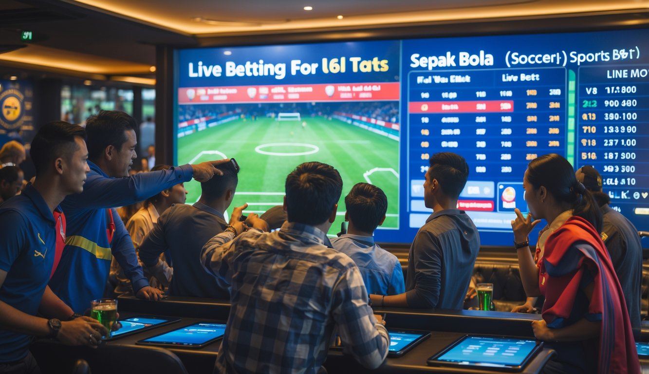 Sekelompok orang sedang melihat layar besar dengan statistik dan update pertandingan sepak bola secara langsung di sebuah tempat modern.