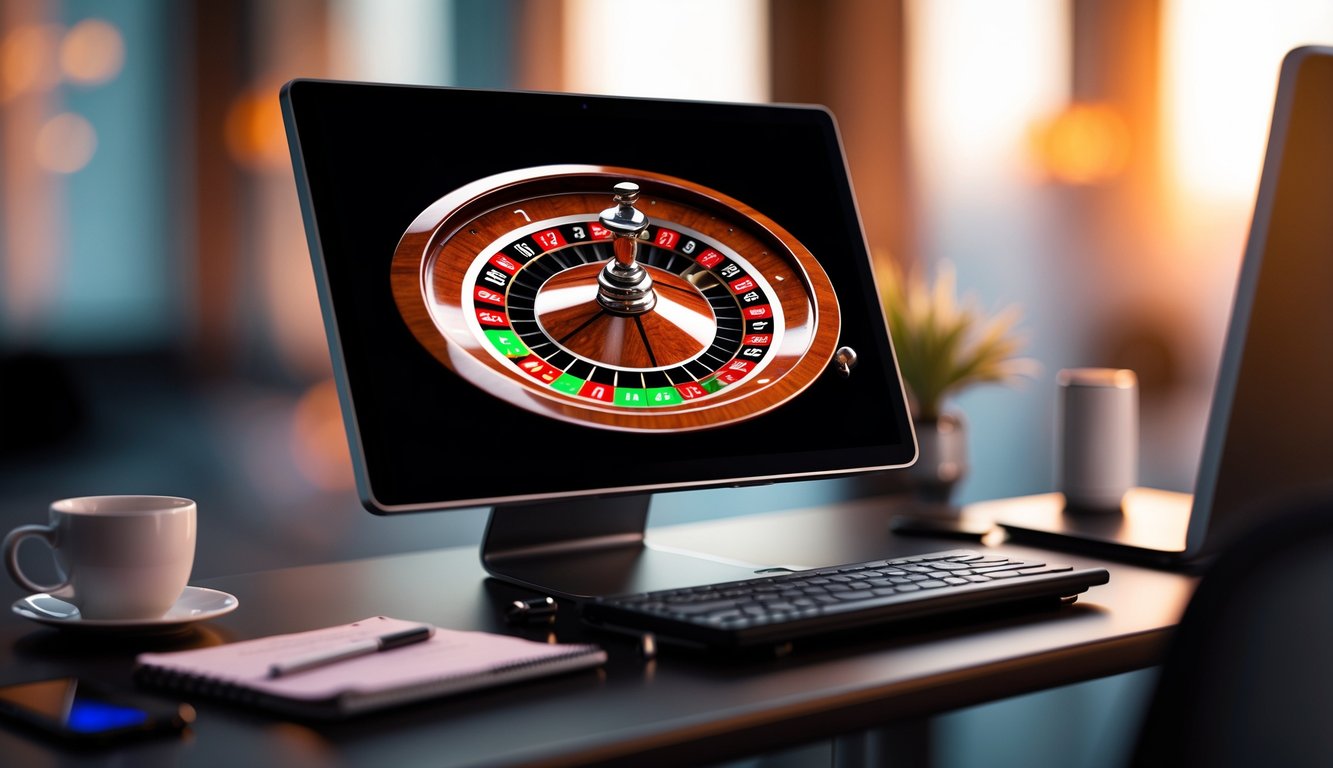 Sebuah meja dengan komputer yang menampilkan roda roulette digital berwarna merah, hitam, dan hijau dengan latar belakang yang kabur dan pencahayaan hangat.