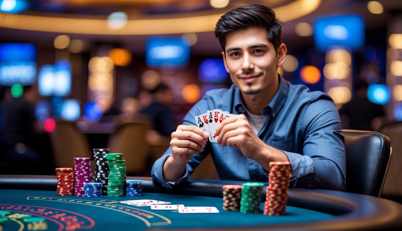 Seorang pria muda duduk di meja poker dengan kartu dan tumpukan chip, tampak fokus dan percaya diri di kasino.