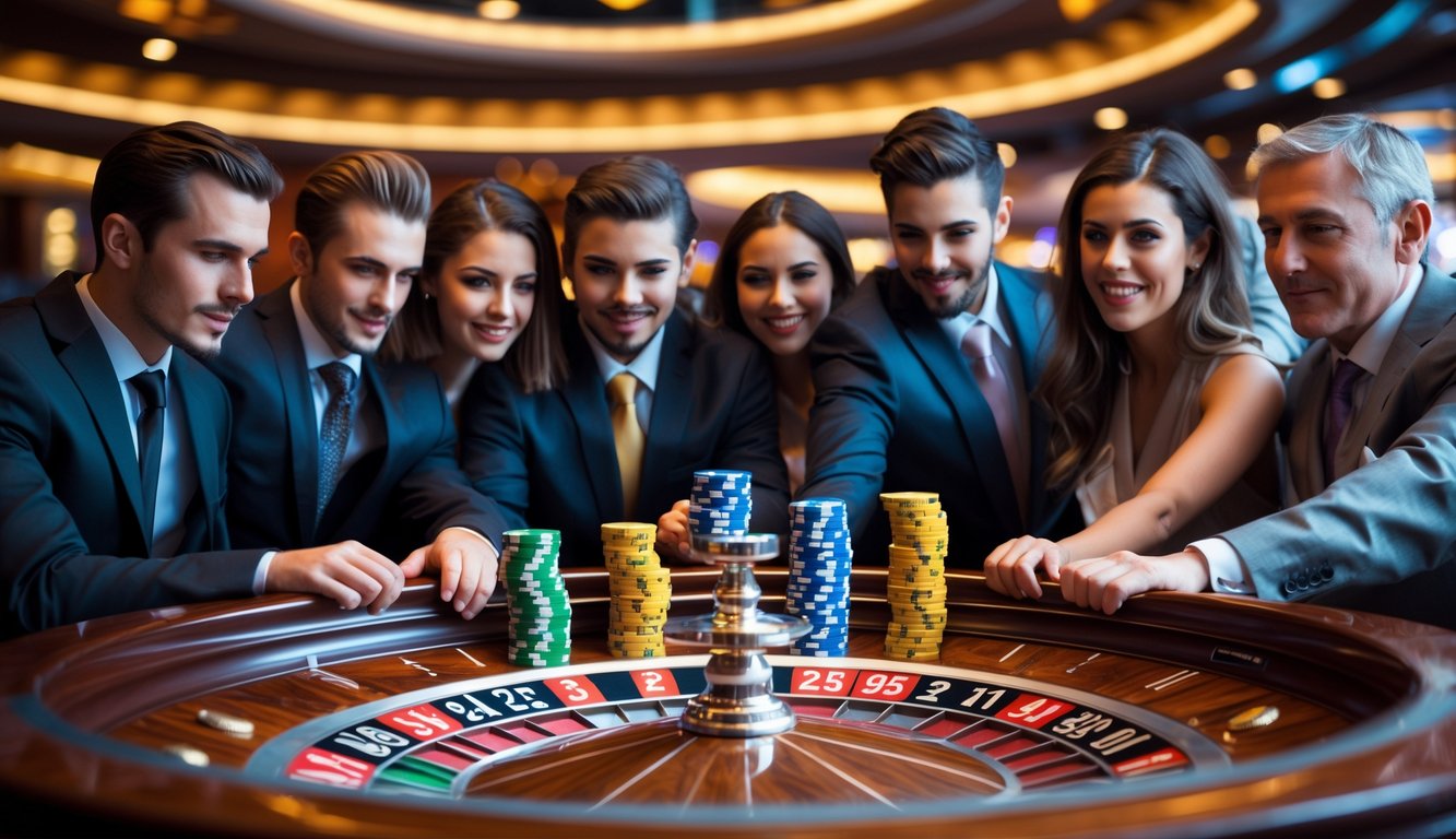 Meja roulette dengan pemain yang sedang memasang taruhan menggunakan uang asli di kasino.