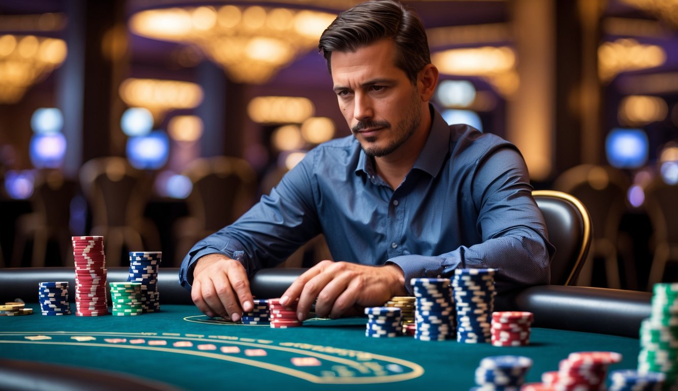 Seorang pemain poker fokus duduk di meja poker dengan tumpukan chip dan kartu, di latar belakang suasana kasino yang samar.