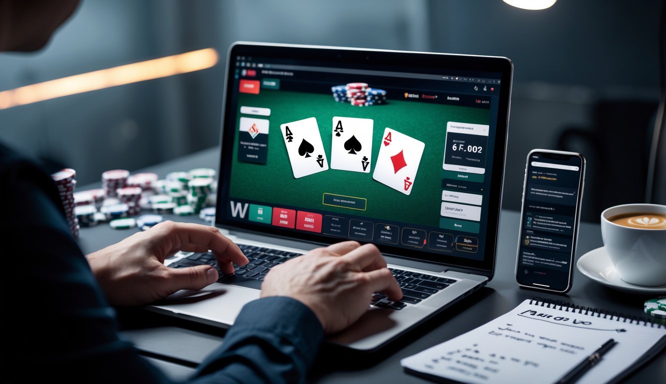 Seorang pemain sedang bermain poker online di laptop dengan chip dan kartu di tangan, dikelilingi oleh smartphone, kopi, dan catatan di meja.