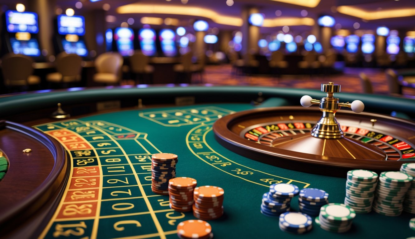 Meja roulette kasino dengan roda roulette yang sedang berputar dan tumpukan chip taruhan di atas meja hijau.