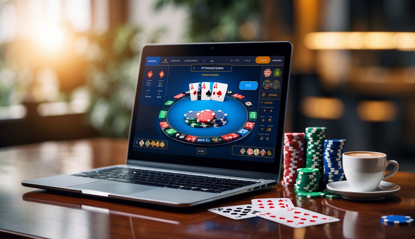 Seorang pemain duduk di depan laptop dengan kartu poker dan chip di meja, siap memulai permainan poker online.