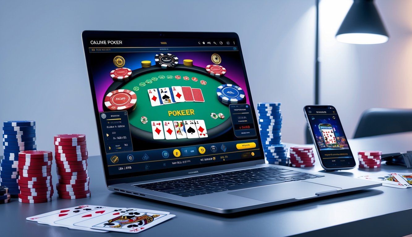 Sebuah laptop menampilkan permainan poker online dengan tumpukan chip dan kartu di meja kerja yang rapi.