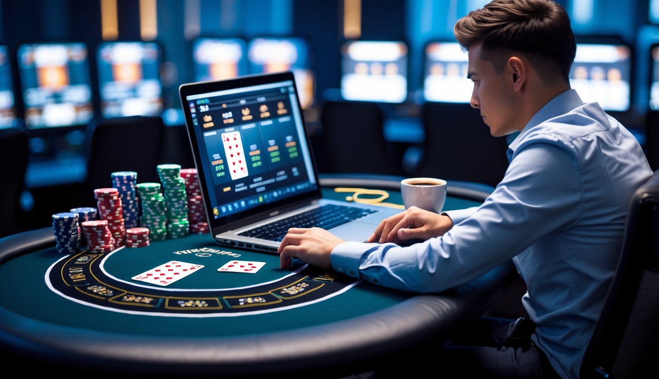 Seseorang duduk di depan komputer dengan meja poker digital, fokus bermain poker online dengan kartu dan chip di layar.