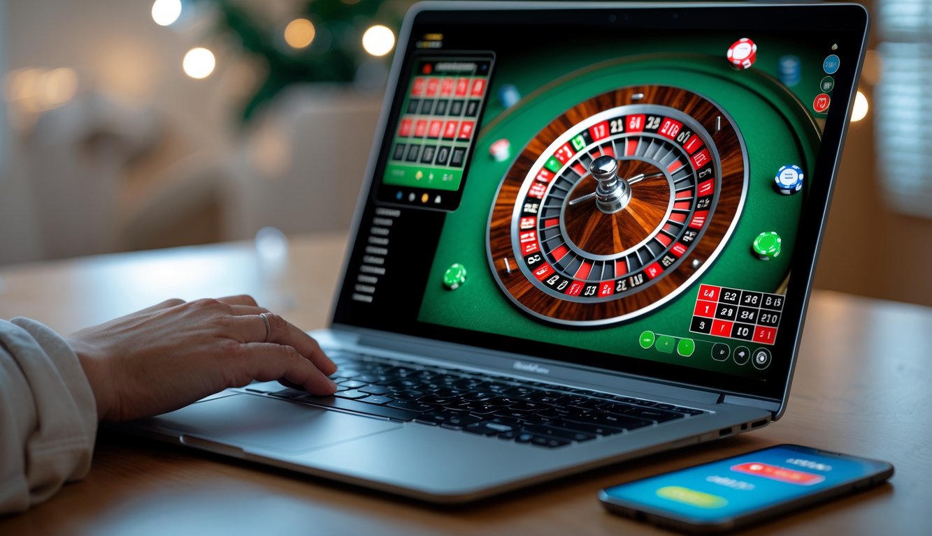 Layar laptop menampilkan permainan roulette online dengan bola putih di roda roulette, di atas meja kayu dengan tangan seseorang di dekat keyboard.