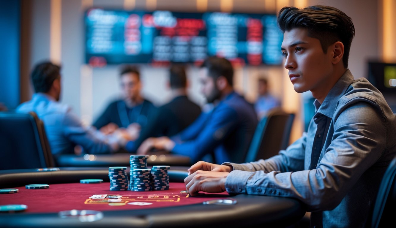 Seorang dewasa muda duduk di meja poker dengan kartu dan chip, terlihat fokus dan serius bermain poker.