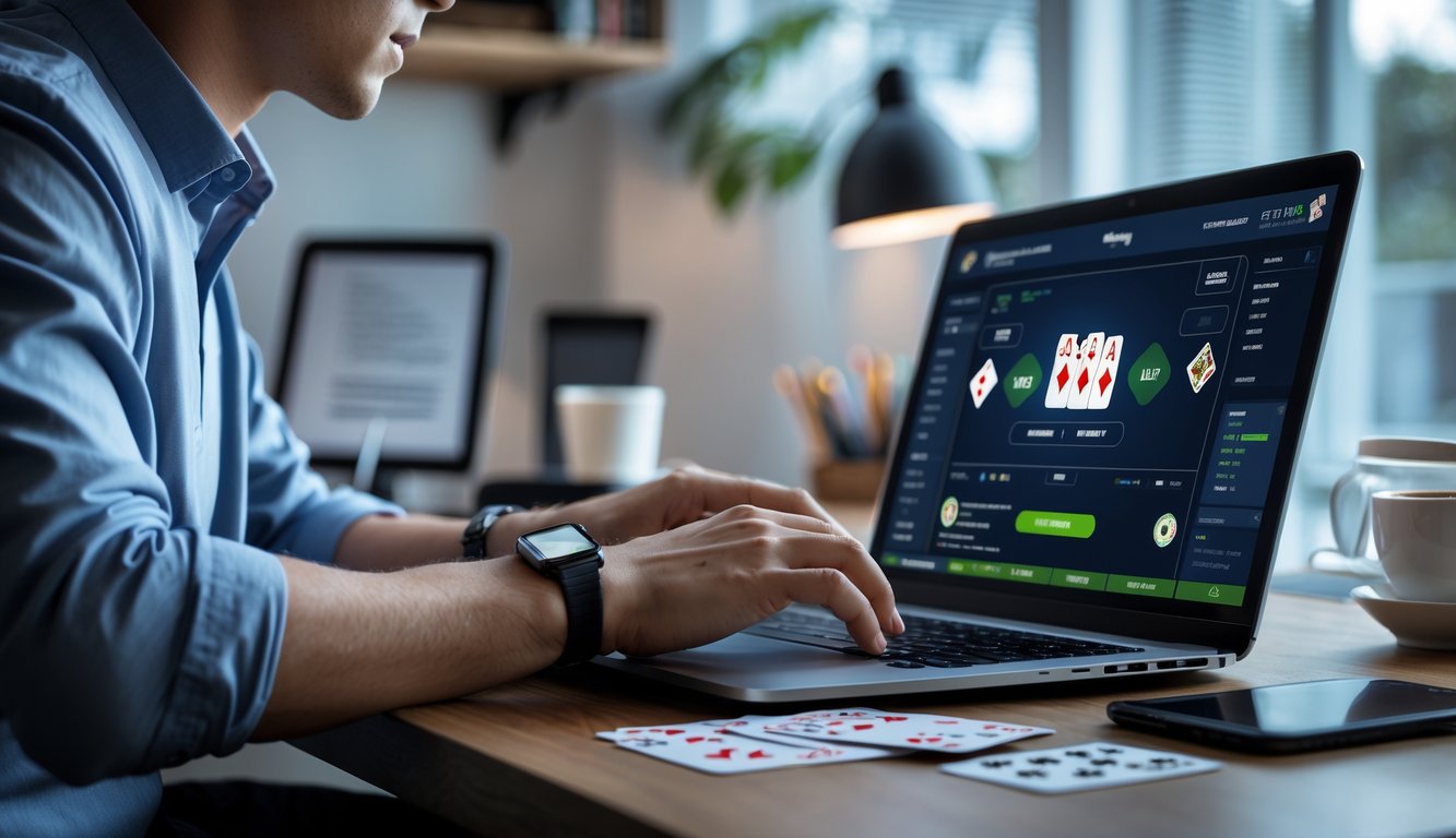 Seseorang sedang bermain poker online di laptop dengan tumpukan chip dan kartu di meja dalam ruang kerja rumah yang terang.