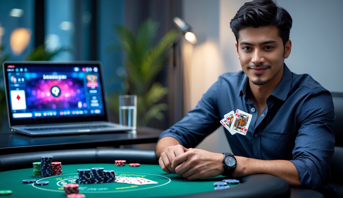 Seorang pria muda duduk di meja poker dengan kartu dan chip, fokus bermain poker online di depan laptop.