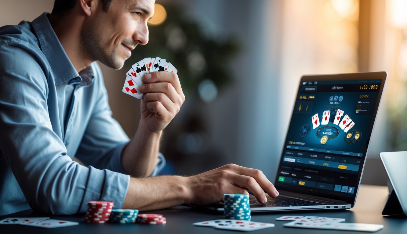 Seorang pemain poker online yang fokus duduk di depan laptop dengan chip poker dan kartu di meja, tampak percaya diri dan siap bermain.