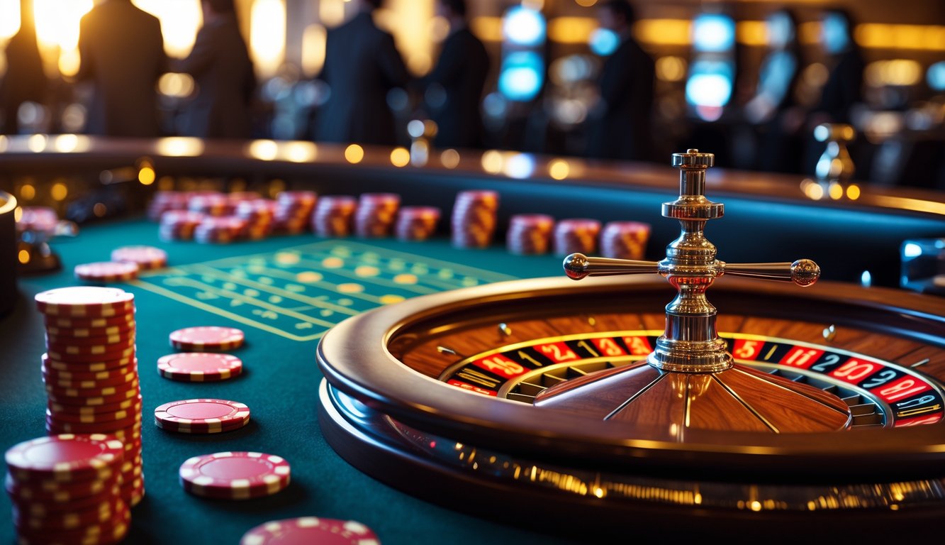 Meja roulette kasino modern dengan roda roulette yang berputar dan chip tertata rapi di sekitarnya.