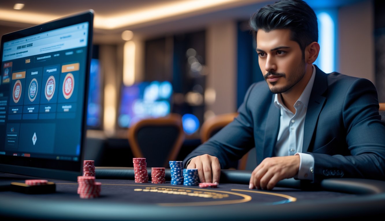 Seorang pria fokus duduk di meja judi poker online dengan kartu dan chip di depannya, tampak sedang merencanakan strategi.