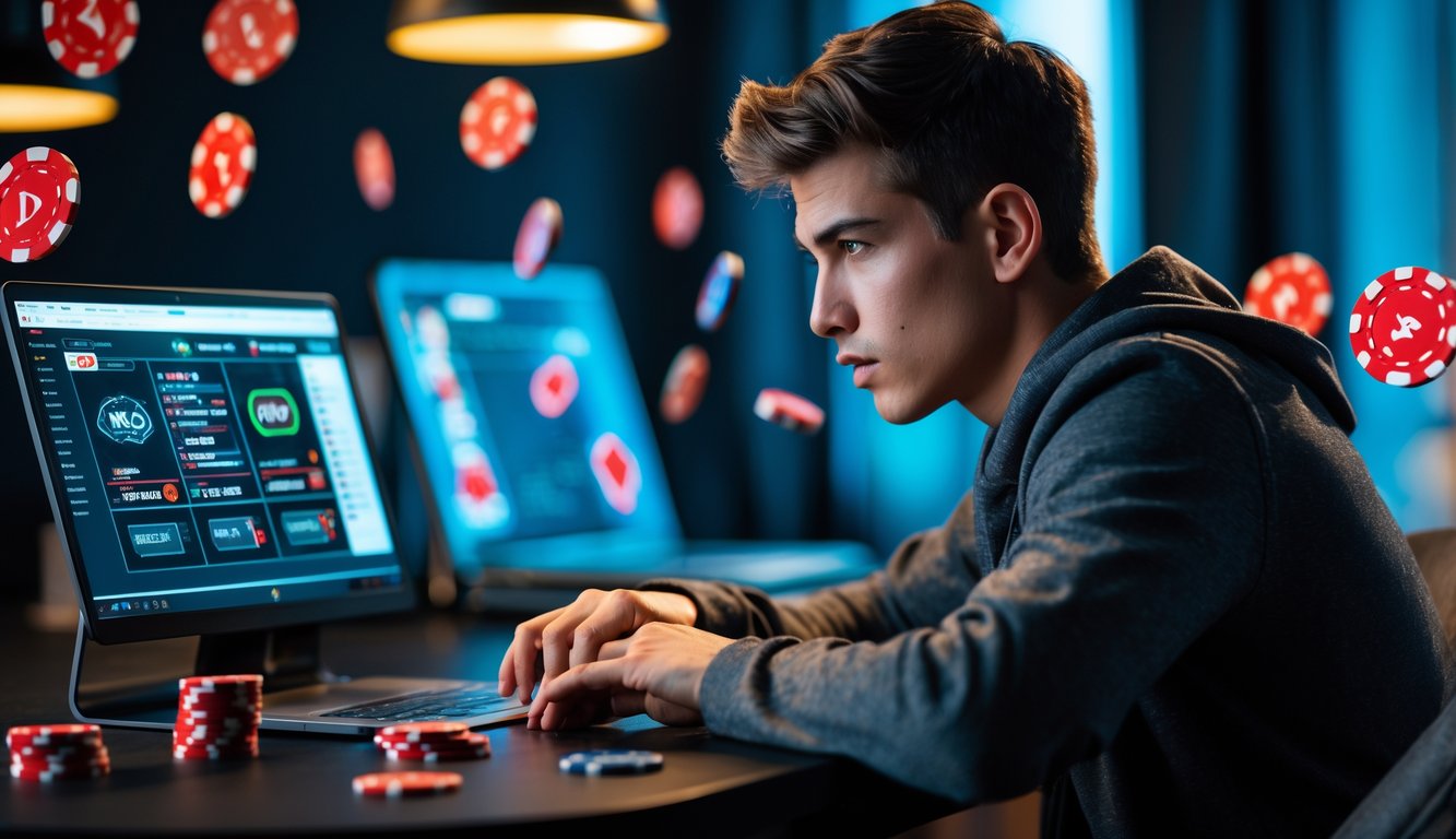 Seorang dewasa muda fokus bermain poker online di depan laptop di ruangan yang terang dan nyaman.