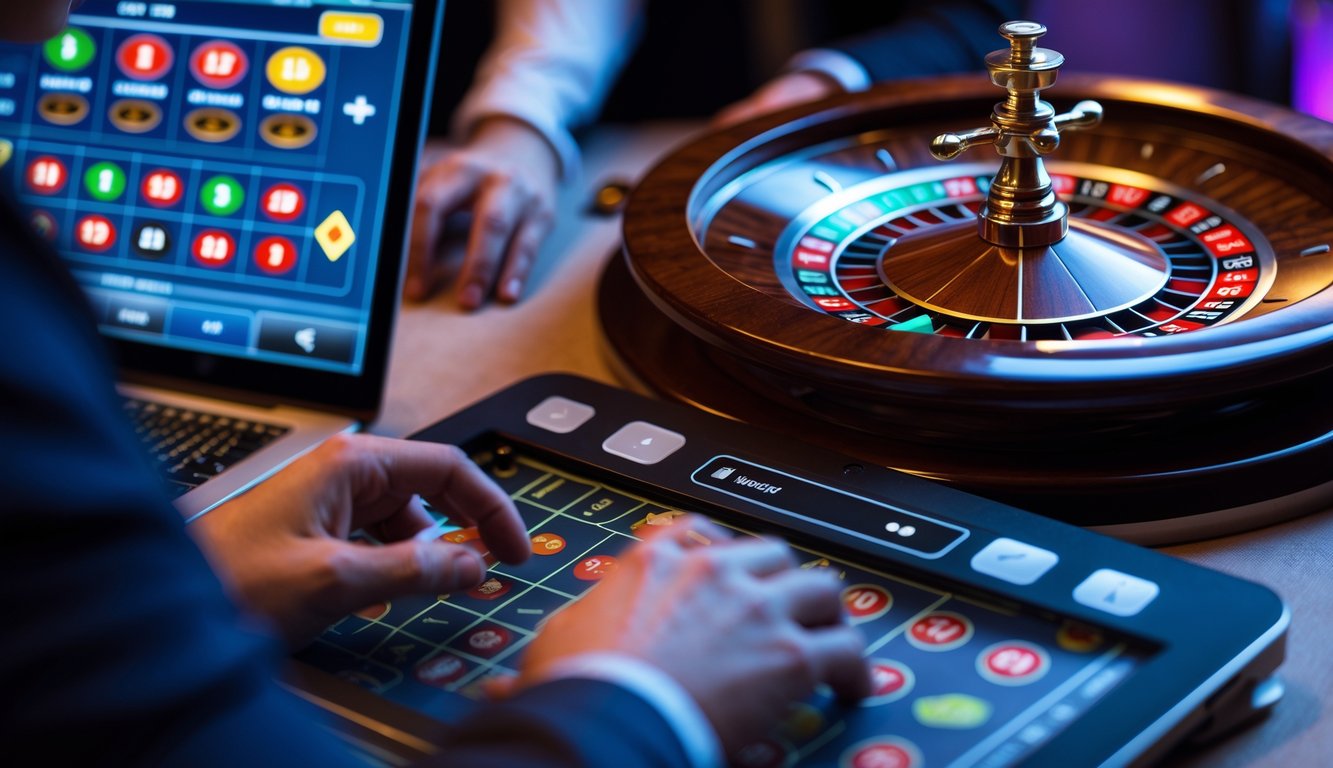 Sebuah permainan roulette kasino langsung yang sedang dimainkan secara online dengan roda roulette berputar dan layar perangkat digital menampilkan antarmuka permainan.
