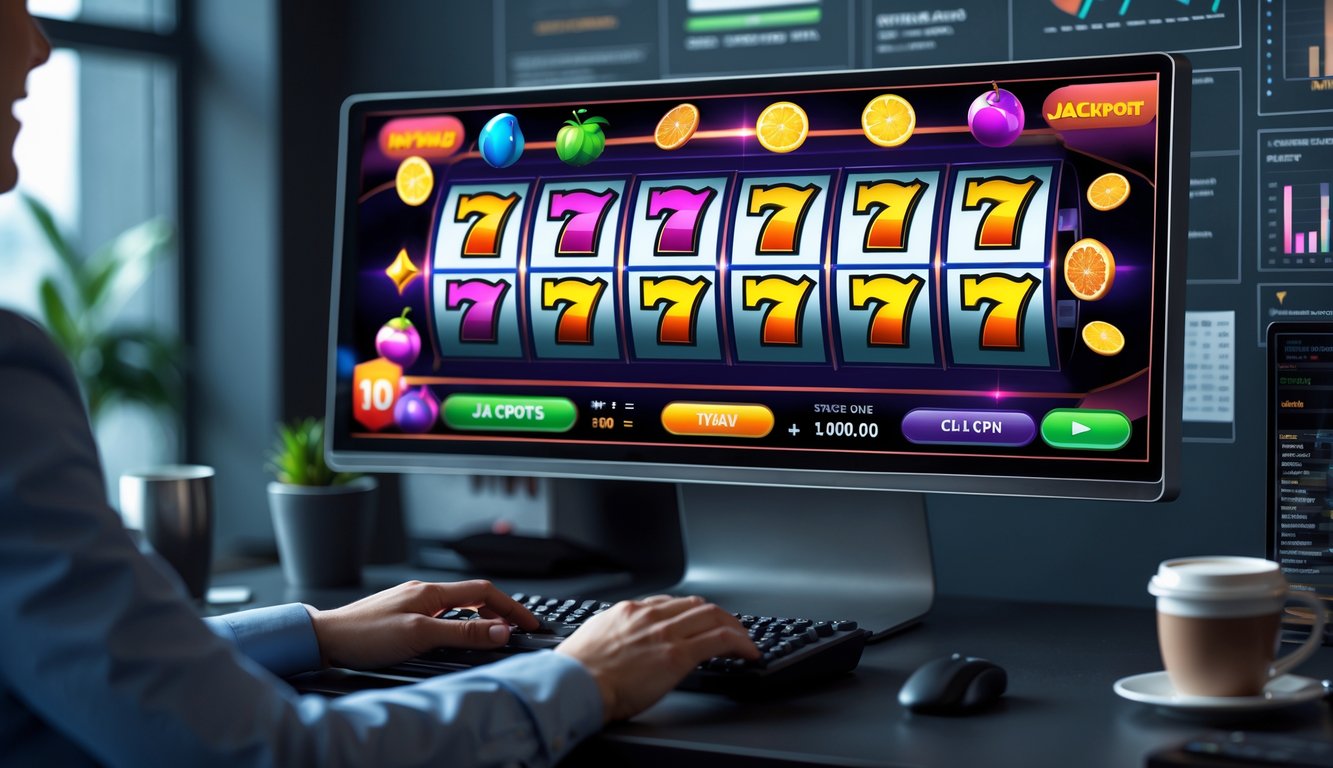 Seseorang bermain mesin slot online di komputer dengan grafik warna-warni di layar dalam suasana kerja yang fokus.
