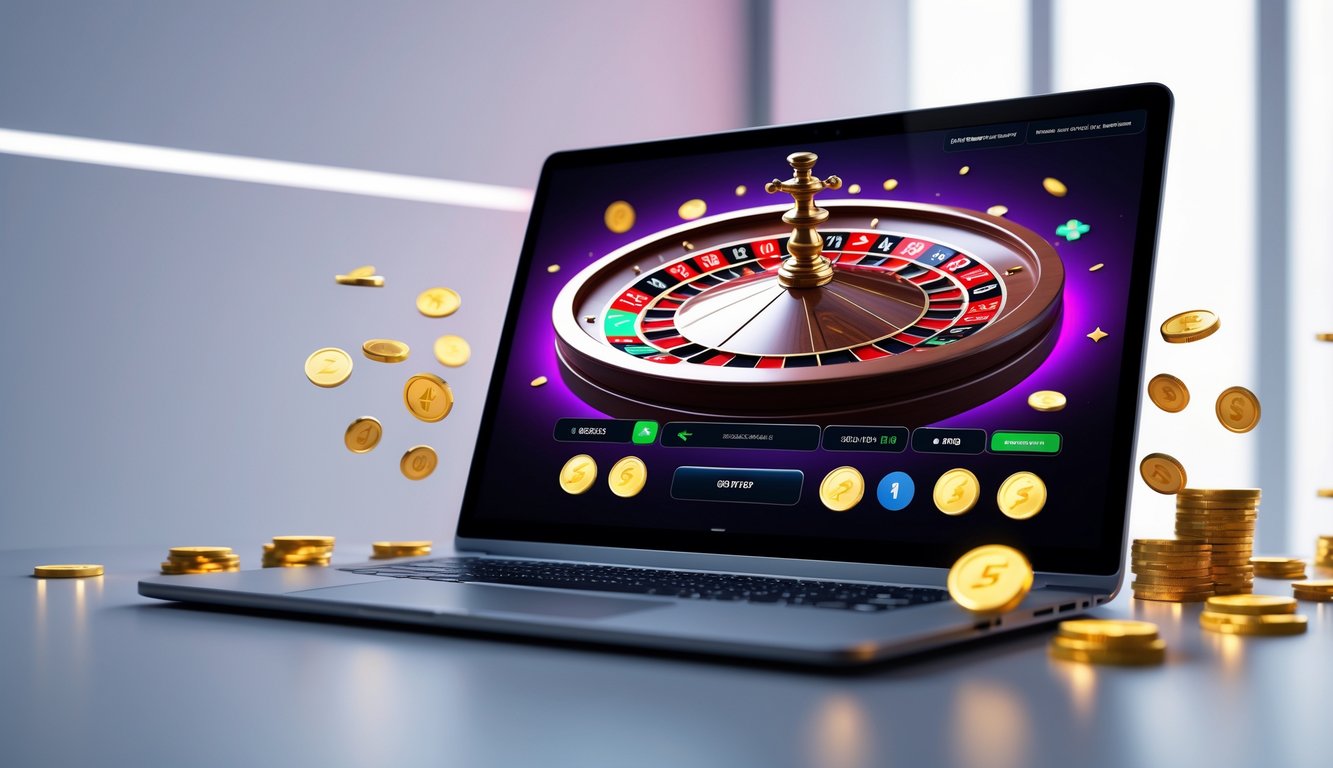 Sebuah layar komputer menampilkan permainan roulette online dengan koin dan chip mengambang di sekitarnya.