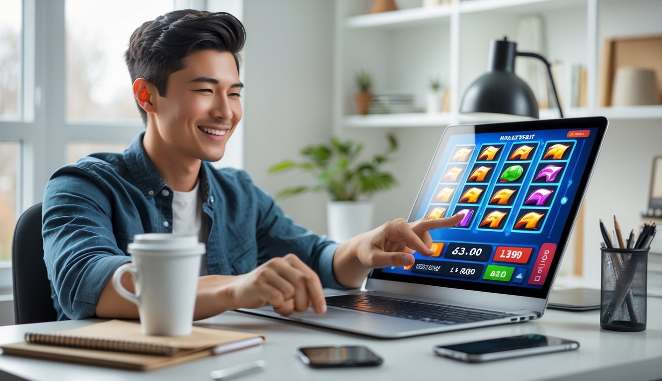 Seorang dewasa muda duduk di meja dengan laptop, bermain permainan slot online dengan ekspresi fokus dan senang.