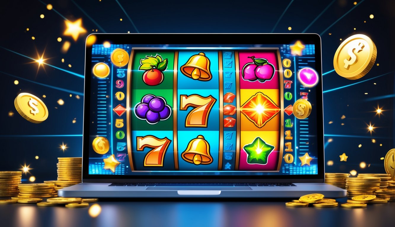 Layar komputer menampilkan permainan slot online yang penuh warna dengan simbol buah dan koin berkilau di sekitarnya.